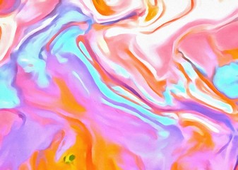Fototapeta na wymiar Abstract fluid paint art. Marble effect artwork. Waves pattern in bright warm colors and psychedelic elements. Surreal concept texture.