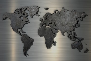 3d rendering World map of old scratched metal with rivets
