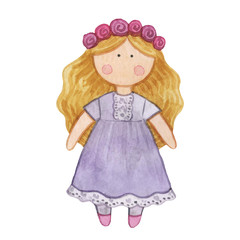 Original watercolor doll. Picture with cartoon girls. Nice illustration for for book, stickers,logo, business card or postcard.