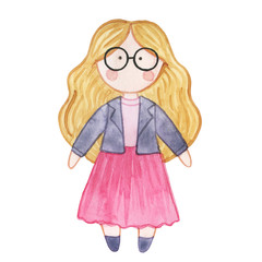 Original watercolor doll. Picture with cartoon girls. Nice illustration for for book, stickers,logo, business card or postcard.