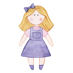 Original watercolor doll. Picture with cartoon girls. Nice illustration for for book, stickers,logo, business card or postcard.