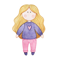 Original watercolor doll. Picture with cartoon girls. Nice illustration for for book, stickers,logo, business card or postcard.