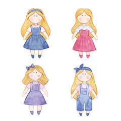 Original watercolor doll. Picture with cartoon girls. Nice illustration for for book, stickers,logo, business card or postcard.