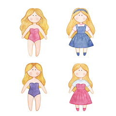 Original watercolor doll. Picture with cartoon girls. Nice illustration for for book, stickers,logo, business card or postcard.