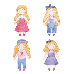 Original watercolor doll. Picture with cartoon girls. Nice illustration for for book, stickers,logo, business card or postcard.