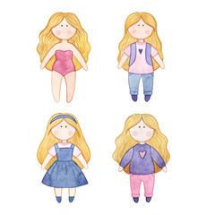 Original watercolor doll. Picture with cartoon girls. Nice illustration for for book, stickers,logo, business card or postcard.