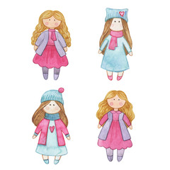 Original watercolor doll. Picture with cartoon girls. Nice illustration for for book, stickers,logo, business card or postcard.