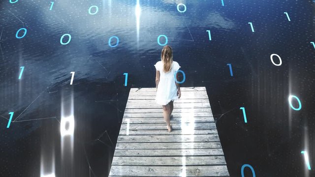 Woman walks on wooden pier at lake with binary numbers network cyberspace motion background.