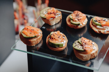 delicious festive buffet with canapés and different delicious meals