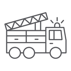 Fire truck thin line icon, transport and emergency, firefighter car sign, vector graphics, a linear pattern on a white background.