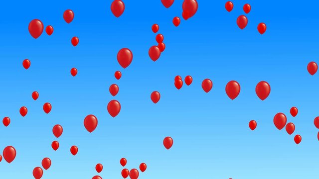Many red balloons flying up in the air at blue sky. Celebration and birthday concept. Seamless looping animation.