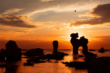 The famous limestone rocks (rauklar) at the coast of the swedish island Faroe in the Baltic Sea....