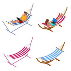 Isometric Garden hammock. Relaxing in the hammock in the summer garden