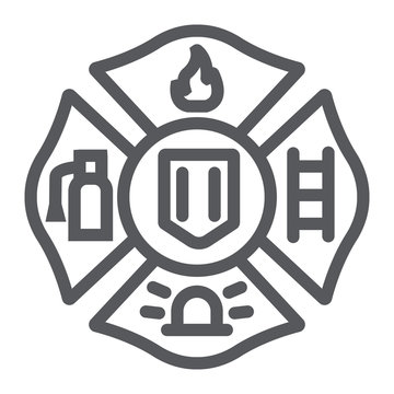 Fire emblem line icon, symbol and firefighter, fire badge sign, vector graphics, a linear pattern on a white background.