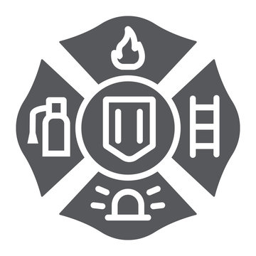 Fire emblem glyph icon, symbol and firefighter, fire badge sign, vector graphics, a solid pattern on a white background.