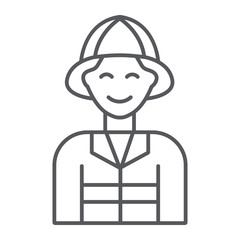 Firefighter thin line icon, fire and person, fireman sign, vector graphics, a linear pattern on a white background.