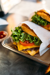 Original and traditional New York cheese hamburger. Delicious fast food.