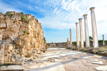 Stunning view of well preserved Salamis ruins in Northern Cyprus taken with magical blue sky above. The sight with amazing antique columns is a popular tourist attraction.