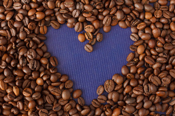 Heart Coffee Frame Made from Coffee Beans on Violet Texture Background