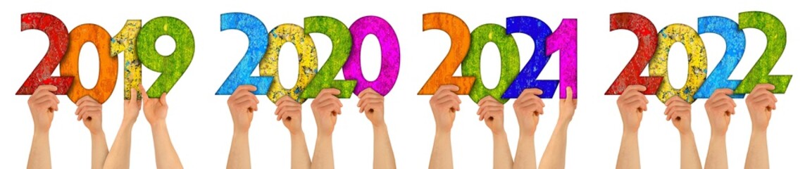 people holding up year date letter numbers 2019 2020 2021 and 2022 colorful rainbow lettering set...