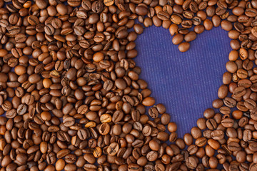 Heart Coffee Frame Made from Coffee Beans on Violet Texture Background