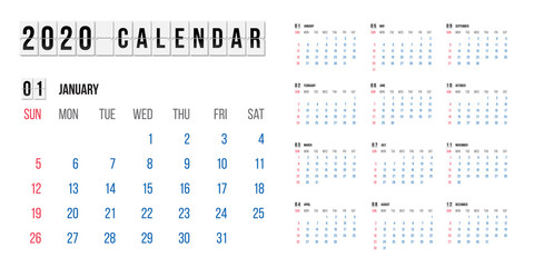 Calendar for 2020 year vector illustration