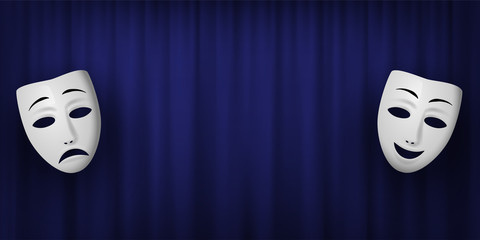 Comedy and Tragedy theatrical mask isolated on a blue curtain background. Vector horizontal illustration.