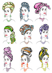 Collection. Silhouette of a head of a sweet lady. A bright shawl, a turban, tied to the head of an African-American girl. The woman is beautiful and stylish. Set of vector illustrations