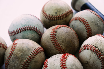 Group of old rugged vintage baseballs closeup for sports concept of baseball game.