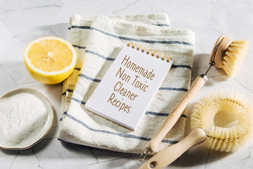 Natural cleaning products lemon, bamboo dish brushs with notebook. Eco friendly. Zero waste...