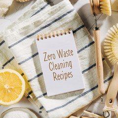 Natural cleaning products lemon, bamboo dish brushs with notebook. Eco friendly. Zero waste...