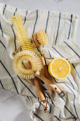 Natural cleaning products lemon  with bamboo dish brushs. Eco friendly. Zero waste concept. Plastic free.