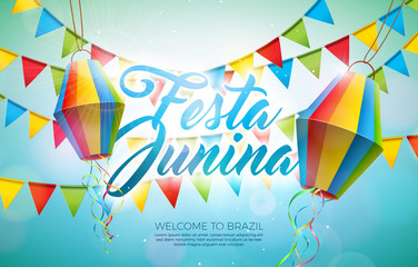 Festa Junina Illustration with Party Flags and Paper Lantern on Blue Background. Vector Brazil June Festival Design for Greeting Card, Invitation or Holiday Poster.