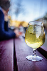 Cold refreshment glass of pear cider. Summer drink