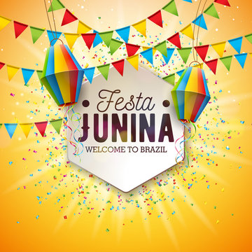 Festa Junina Illustration With Party Flags And Paper Lantern On Yellow Background. Vector Brazil June Festival Design For Greeting Card, Invitation Or Holiday Poster.