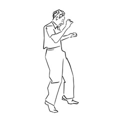 Dancing old man. Black graphic contour. Male silhouette. Retro style. Hand drawn illustration. Isolated  outline. Vector sketch.