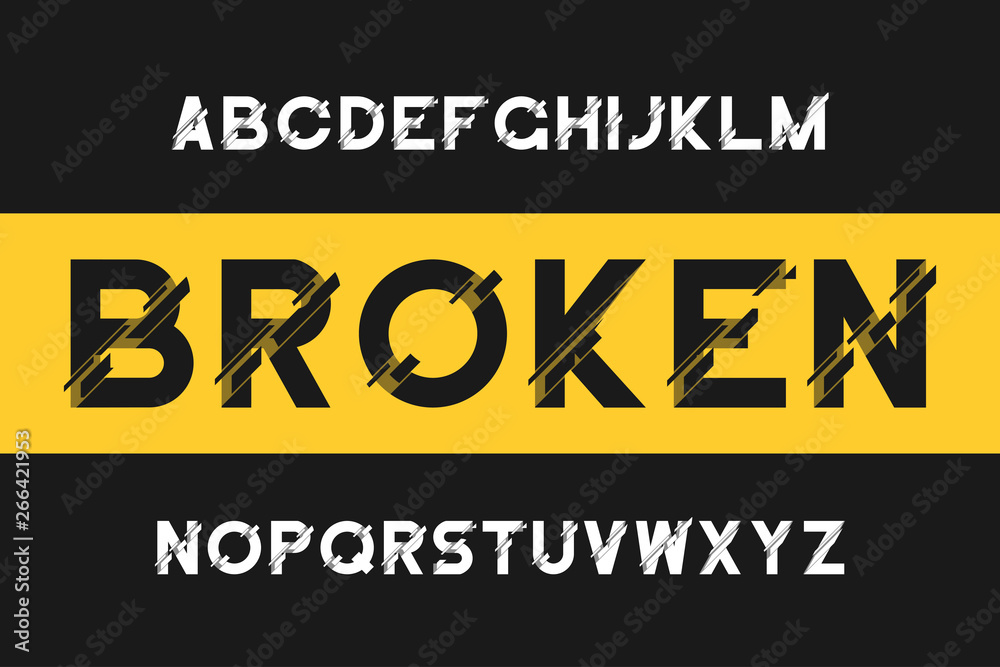 Poster Broken glitch font. Modern sans-serif alphabet with distortion. Vector font with broken effect.