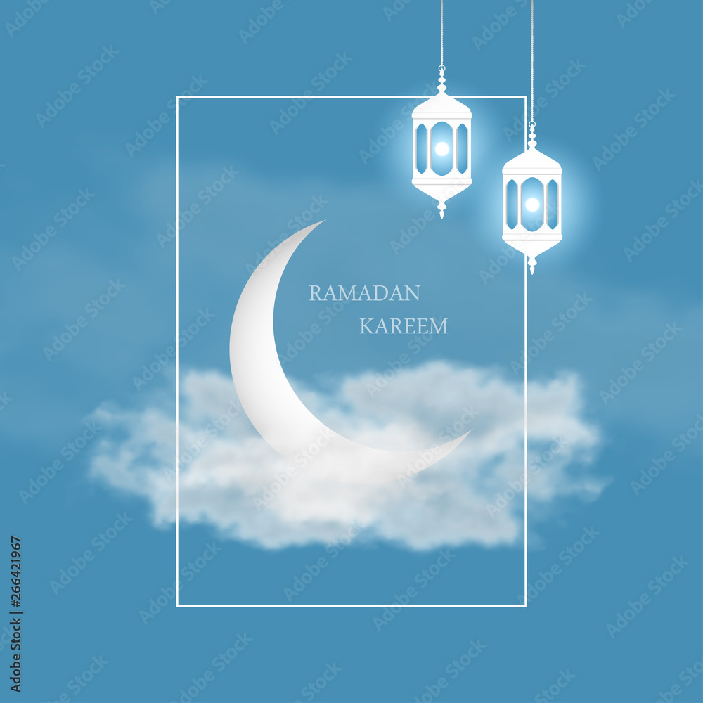Poster ramadan kareem greeting card with islamic crescent, arabic lantern fanus and frame on sky background