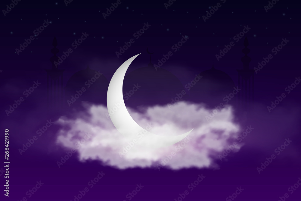 Poster ramadan kareem background with islamic crescent, mosque and sky with clouds. design for banner of th