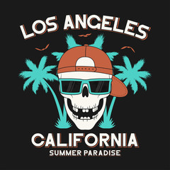 California, Los Angeles t-shirt slogan typography with palm trees and skull with sunglasses. Tee shirt design, summer apparel print. Vector illustration.