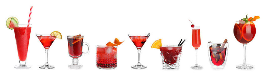 Set of different delicious cocktails on white background