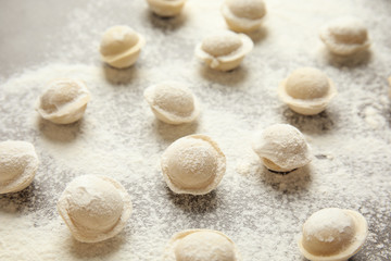 Fototapeta na wymiar Raw dumplings on grey background, closeup. Process of cooking