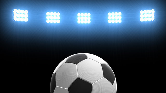 Soccer ball at the football arena stadium with bright spotlights. 3d illustration
