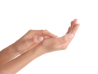 Woman with beautiful hands on white background, closeup. Spa treatment