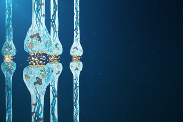Synaptic transmission, nervous system receptors. Concept consciousness. Brain synapses. Transmission synapse, impulses in brain, information transfer at the cellular or atomic level, 3D Rendering