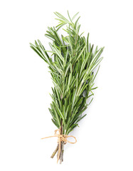 Bunch of fresh rosemary on white background, top view