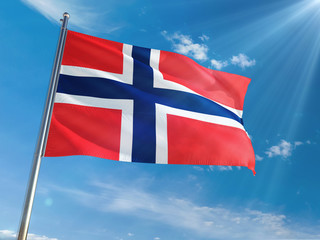 Bouvet Islands National Flag Waving on pole against sunny blue sky background. High Definition