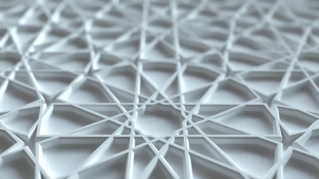 Abstract white arabic girih pattern background. Traditional muslim ornament. Interior design concept. 3d render animation. Islamic geometry pattern. Plaster surface. Loopable composition. 4K UHD
