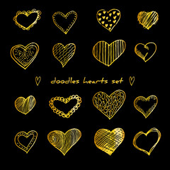 Hand-drawn golden doodle hearts vector illustration set isolated on black. Design elements for Valentine's day, wedding template.
