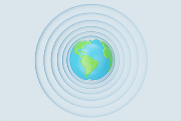 Abstract white paper cut circle shape background with Earth. White paper carving effect with Earth in centre. Earth in center of circles, 3D rendering